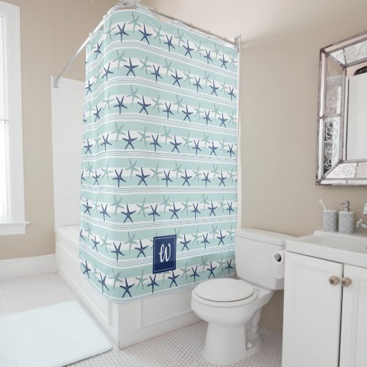 Rideaux De Douche Marine Blue Turquoise Star Poisson rayé Monogramme (En situation)
