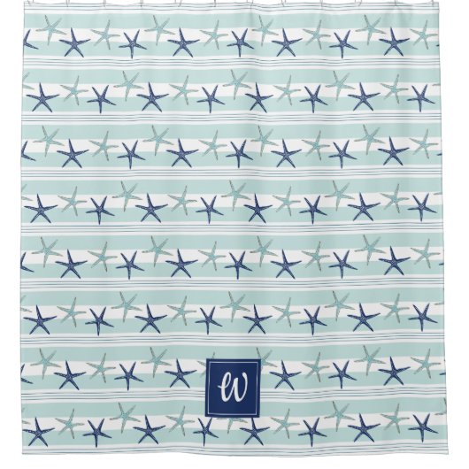 Rideaux De Douche Marine Blue Turquoise Star Poisson rayé Monogramme (Devant)