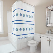 Rideaux De Douche Marine Blue White Strips Fish Beach House (En situation)