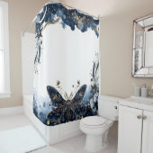 Rideaux De Douche Marine céleste Moth bleue et or (En situation)