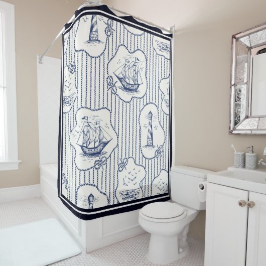 Rideaux De Douche Marine Elements Blue White Lighthouse Ship (En situation)