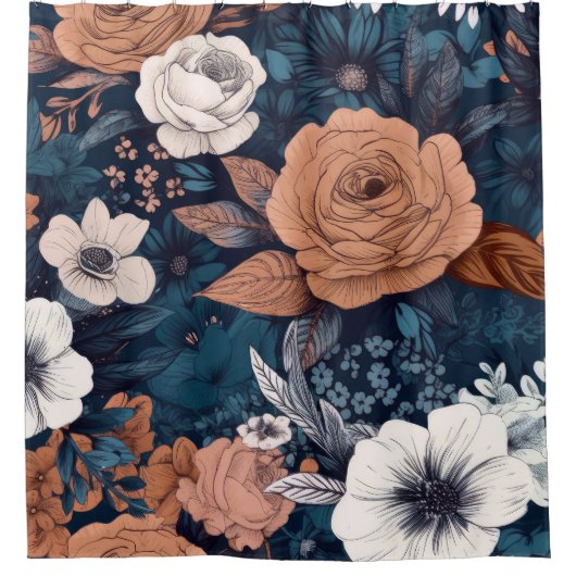 Rideaux De Douche Marine & Taupe Boho Floral Print (Devant)