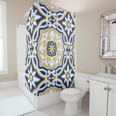 Rideaux De Douche Marocain bleu vif jaune complexe géométrique (En situation)