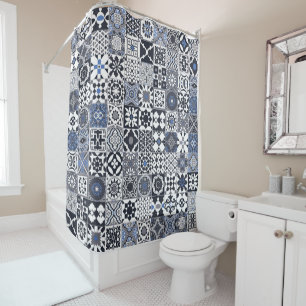 Rideaux De Douche Marocain carrelage noir, bleu, gris