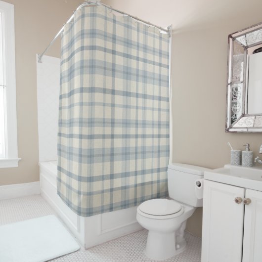 Rideaux De Douche Masculine Muted Blue Plaid w/ Linen Texture (En situation)