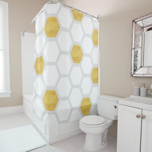 Rideaux De Douche Mat Classé Or & Hexagons Blanc Moderne (En situation)