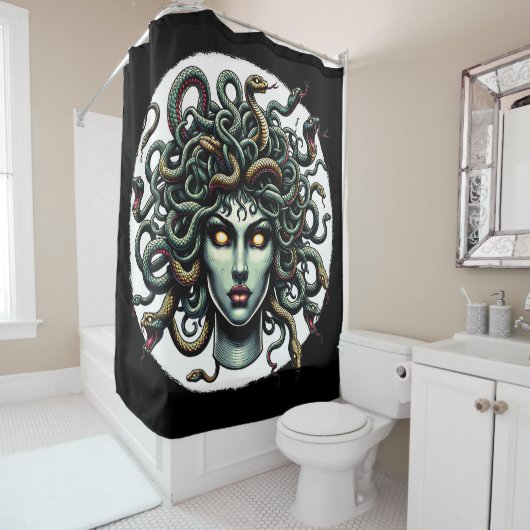Rideaux De Douche Medusa face verte pleine de serpents (En situation)