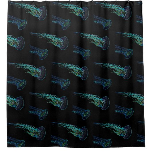 Rideaux De Douche Méduse électrique noir et bleu turquoise vert. (Devant)