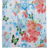 Rideaux De Douche Mélanger abstrait bleu avec fleurs Saumons (Devant)