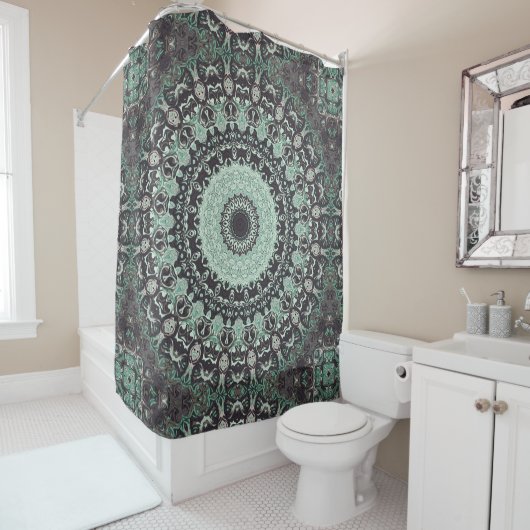 Rideaux De Douche Menthe vert et charbon Motif Mandala (En situation)