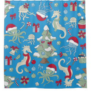 Rideaux De Douche mer Noël hippocampe père Noël poulpe méduse