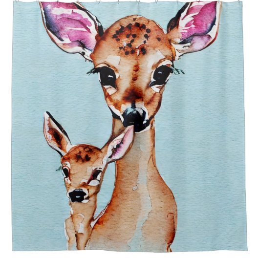 Rideaux De Douche Mère Et Bébé Cerf Aquarelle Amour Famille (Devant)