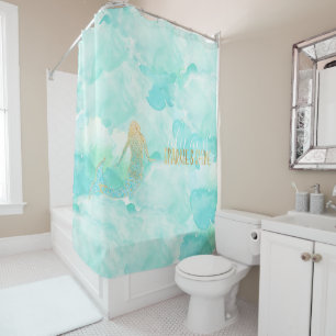 Rideaux De Douche Mermaid Aqua Gold Sparkle