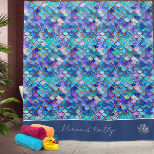 Rideaux De Douche Mermaid Scales Motif Monogrammed Girls Nom