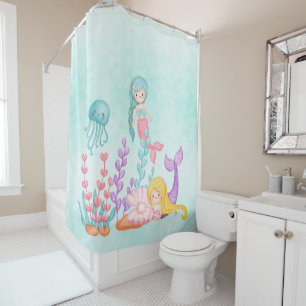 Rideaux De Douche Mermaids et méduses sous l'aquarelle marine