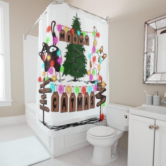 Rideaux De Douche MERRY CATMAS, Beau cadeau de Noël de chat, Chat X- (En situation)