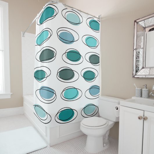 Rideaux De Douche Mi-Siècle Moderne Ovals Scribbles Turquoise (En situation)