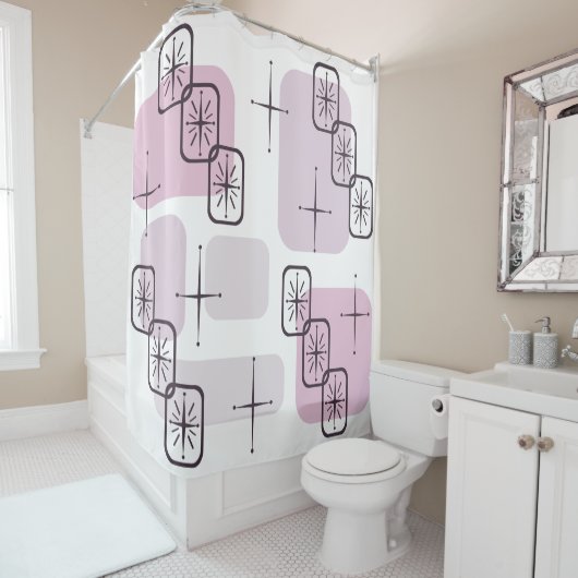 Rideaux De Douche Mi-Siècle moderne rose clair violet (En situation)