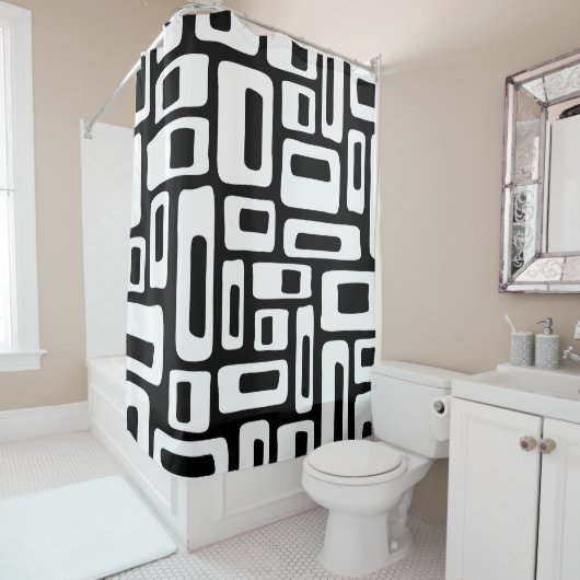 Rideaux De Douche Mid-Century Abstrait Black & White Motif (En situation)
