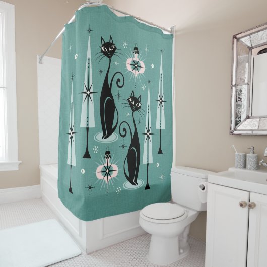 Rideaux De Douche Mid Century Atomic Kitty Noël ©studioxtine (En situation)