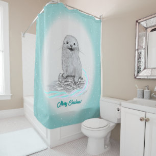 Rideaux De Douche Mignon bébé loutre de mer blanche, Joyeux Noël
