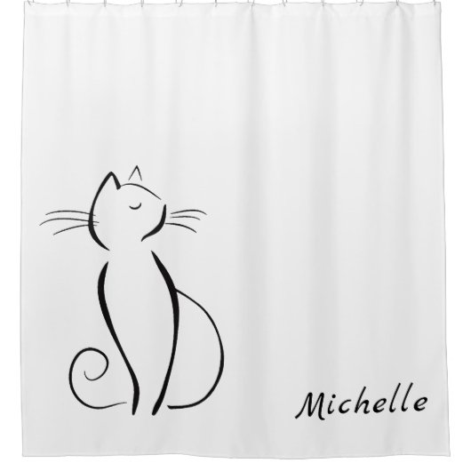Rideaux De Douche Mini chat noir sur blanc nom d'ajout (Devant)