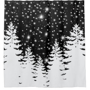 Rideaux De Douche Mini noir blanc pinède nuit étoiles ciel