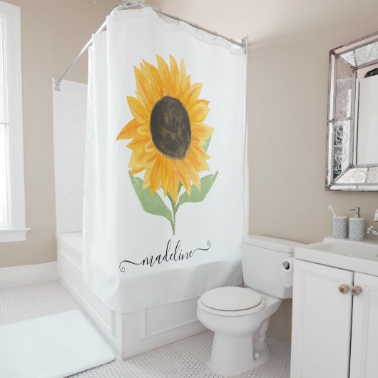 Rideaux De Douche Minimal Rustic Sunflower Personalized Name Script (En situation)