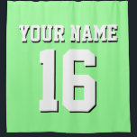 Rideaux De Douche Mint Green White Sports Jersey Team Jersey<br><div class="desc">Preppy Solid Color Team Jersey / Sports Jersey / Football Jersey / Rugby Jersey avec Nom Personnalisé Customisez ceci avec votre nom propre ou nom d'équipe et un numéro. Vous pouvez modifier la taille, la couleur et l'emplacement du texte si vous avez besoin d'apporter des modifications, de modifier la couleur...</div>