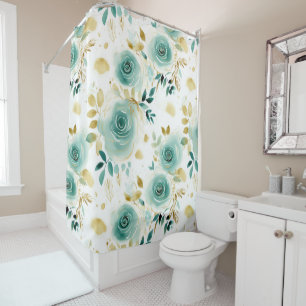 Rideaux De Douche Mint Vert Blanc or Rose Floral