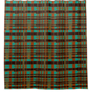 Rideaux De Douche Mod Retro Asymétrique Tartan Motif Cuivre Turquois