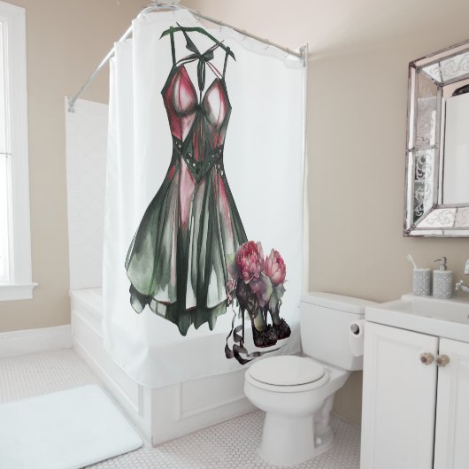 Rideaux De Douche Mode Goth | Robe verte et rose avec Stilettos (En situation)