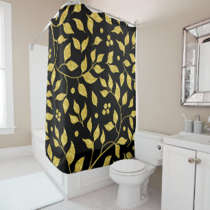Rideaux De Douche Modèle de feuilles d'or sur noir