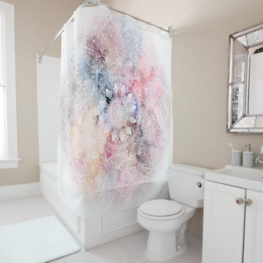Rideaux De Douche Modèle de mandala blanc blanc Whimsical (En situation)