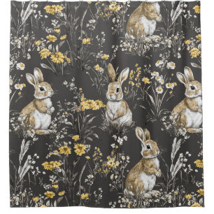 Rideaux De Douche Modèle de toile florale de lapin Cottagecore noir