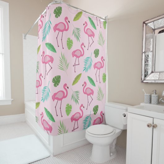 Rideaux De Douche Modèle flamand rose avec Feuilles tropicaux (En situation)