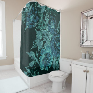 RIDEAUX DE DOUCHE MODÈLE FLORAL DE PRINTEMPS BLEU D'AQUA NOIR