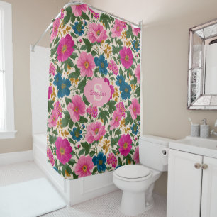 Rideaux De Douche Modèle floral Vintage rustique bleu et rose