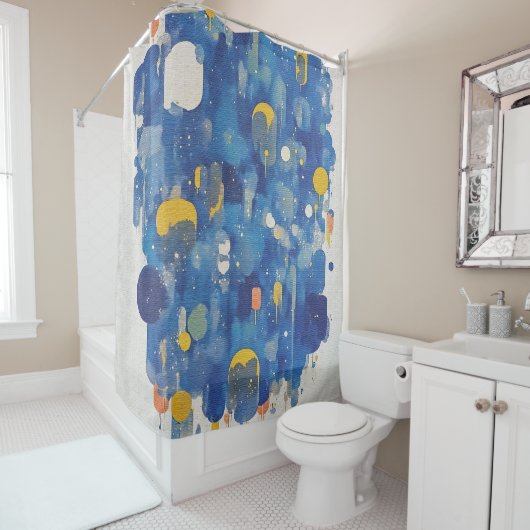 Rideaux De Douche Modern Abstract Blue Raindrops Gold Accents (En situation)