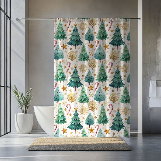 Rideaux De Douche Modern Christmas Trees and Candy Canes Curtain