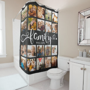 Rideaux De Douche Modern Family Script 20 Photo Collage Chic Black 
