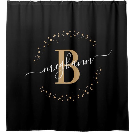 Rideaux De Douche Modern Girly Black Gold Nom Script Monogramme (Devant)