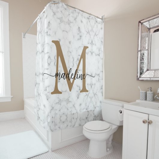 Rideaux De Douche Modern Marble Gold Girly Script Monogram (En situation)