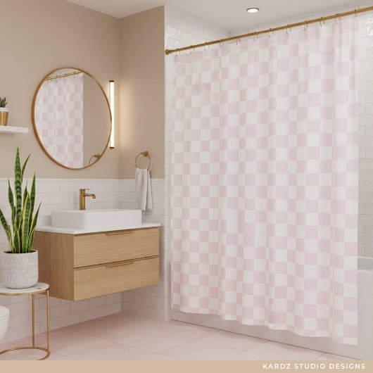 Rideaux De Douche Modern Pink White Checkered Pattern