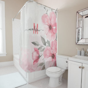 Rideaux De Douche Moderne Chic Monogramme Rose Écriture Drôle Mariag
