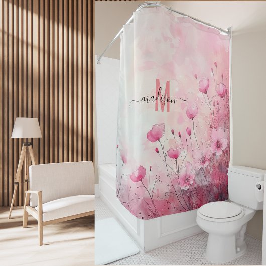 Rideaux De Douche Moderne Chic Monogramme Rose Écriture Élégante Mar