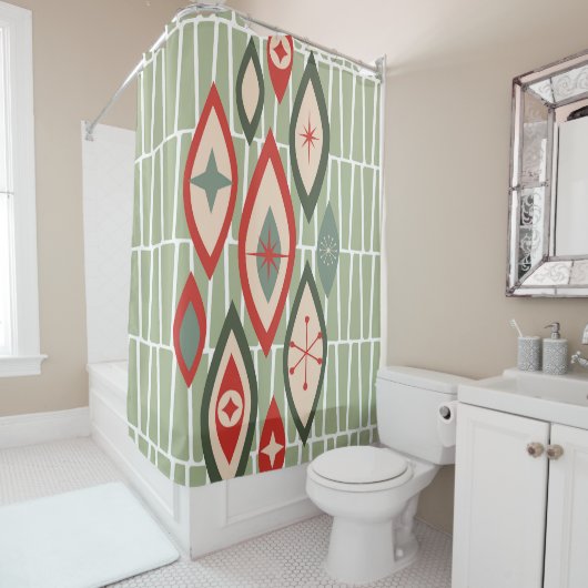 Rideaux De Douche Moderne du milieu du siècle Formes atomiques Vert, (En situation)