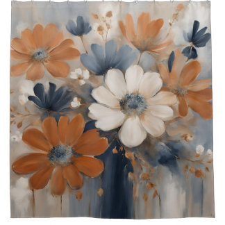 Rideaux De Douche Moderne Ferme Maison Bleu Nuit Orange Brûlé Floral