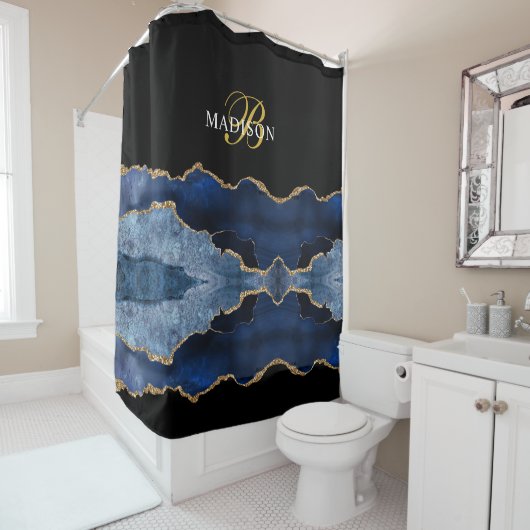 Rideaux De Douche Moderne Monogramme Bleu Black Agate Or (En situation)
