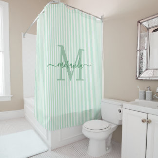 Rideaux De Douche Moderne monogramme de nom à rayures vertes et blan